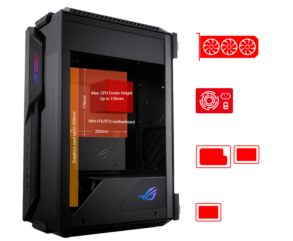 The internal dimension details of ROG Z11 with graphics card showing components capacity