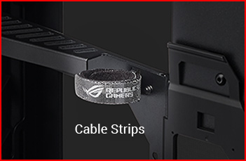 ROG Z11 design highlight of extra cable routing space, multifunction cover, ROG cable strips and two-piece PSU shroud