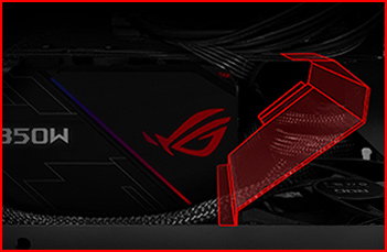 ROG Z11 design highlight of extra cable routing space, multifunction cover, ROG cable strips and two-piece PSU shroud